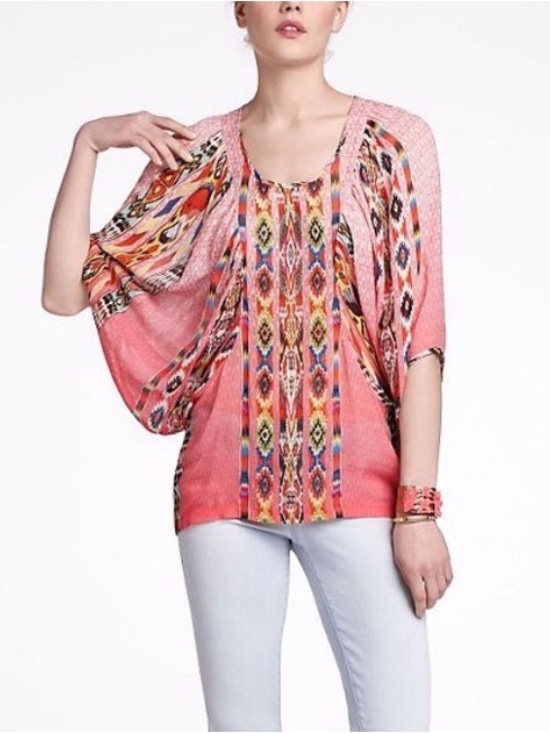 Anthropologie Tanvi Kedia Boho Batwing Sleeves Printed Women's Top - Picture 1 of 8
